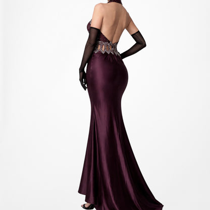 Vintage Brown Silk Cutout Beaded Halter Maxi Prom Dress Size S