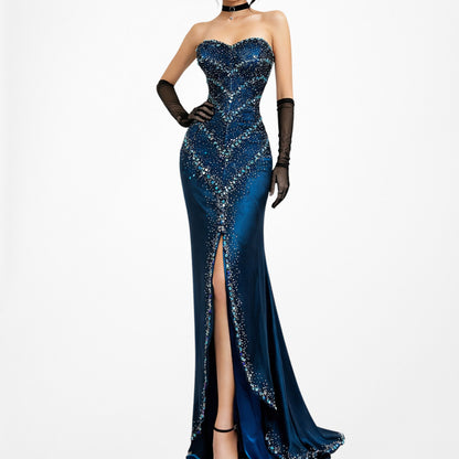Vintage Navy Blue Strapless Beaded Mesh High Low Maxi Prom Dress Size M