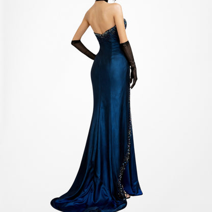 Vintage Navy Blue Strapless Beaded Mesh High Low Maxi Prom Dress Size M