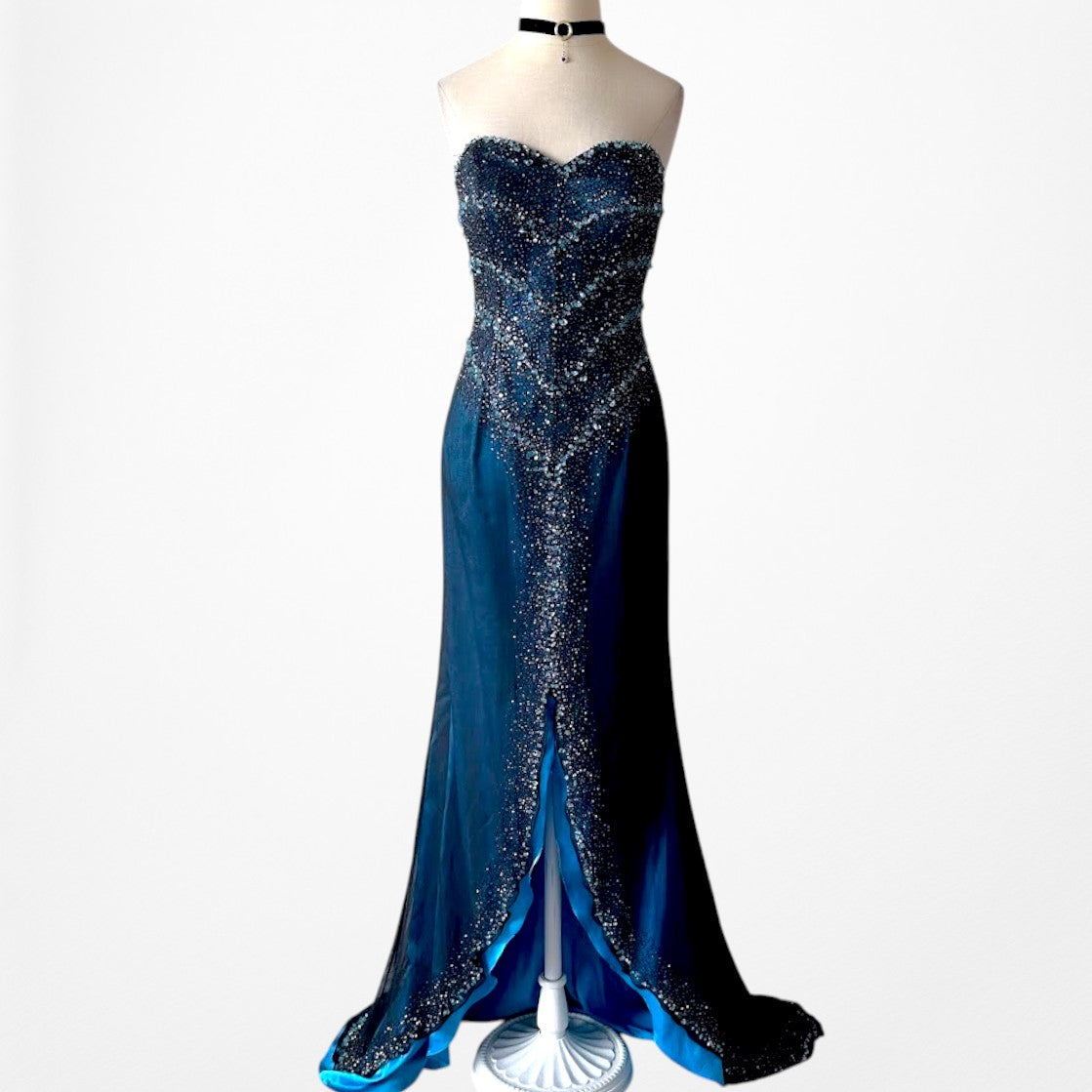 Vintage Navy Blue Strapless Beaded Mesh High Low Maxi Prom Dress Size M