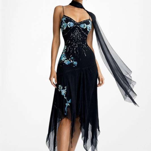 Vintage Black Blue Floral Beaded Silk Asymmetric Ruffle Midi Cocktail Prom Dress Size S