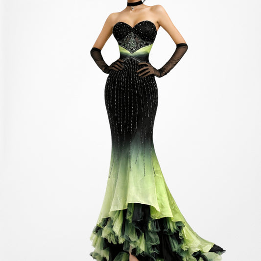 Vintage Black Green Strapless Silk Beaded Tulle Bodycon Maxi Prom Dress Size XS