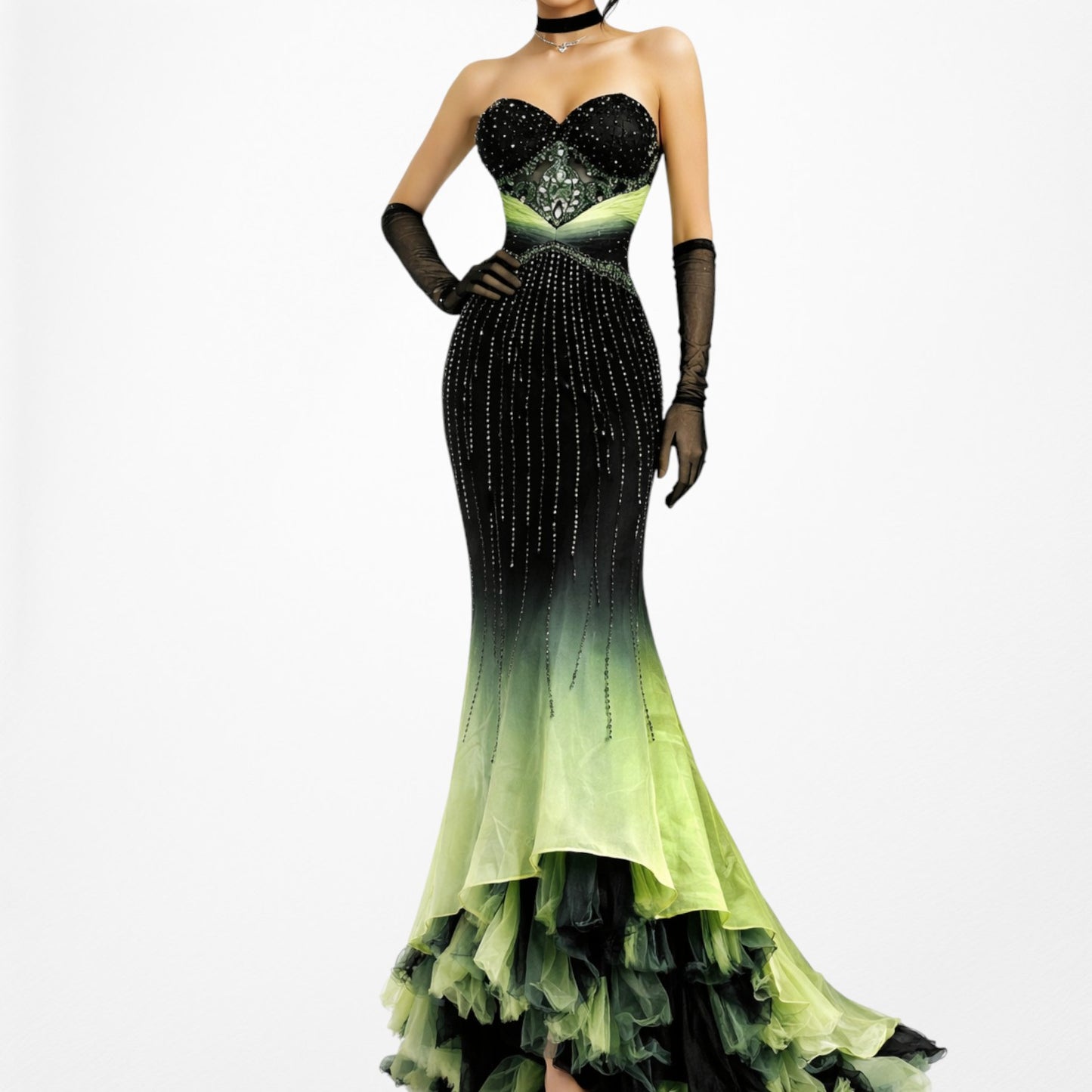 Vintage Black Green Strapless Silk Beaded Tulle Bodycon Maxi Prom Dress Size XS
