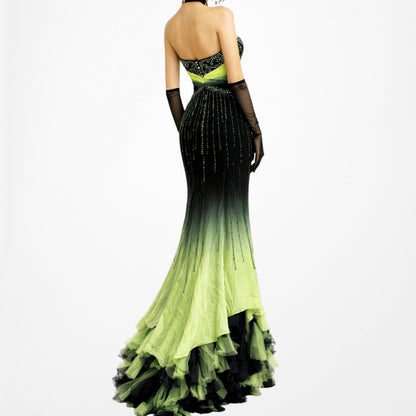 Vintage Black Green Strapless Silk Beaded Tulle Bodycon Maxi Prom Dress Size XS