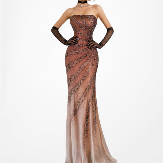 Vintage Y2K Brown Ombre Beaded Strapless Silk Bodycon Maxi Prom Dress Size XS/S