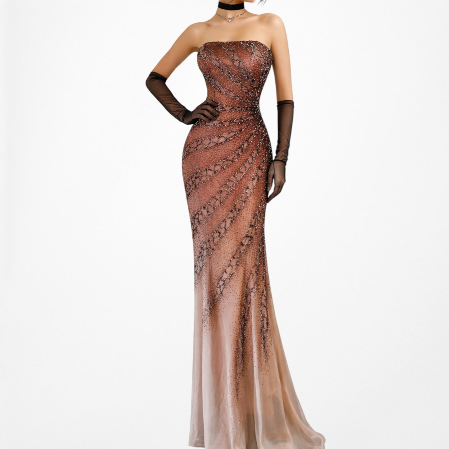 Vintage Y2K Brown Ombre Beaded Strapless Silk Bodycon Maxi Prom Dress Size XS/S