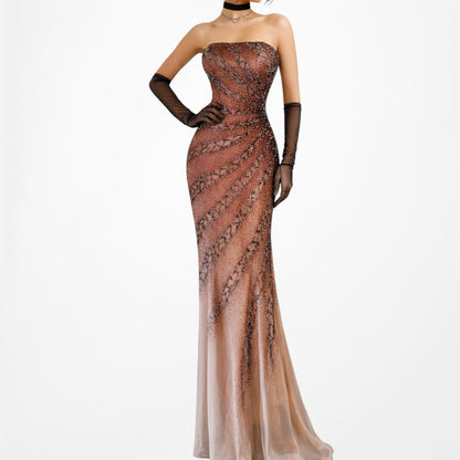 Vintage Y2K Brown Ombre Beaded Strapless Silk Bodycon Maxi Prom Dress Size XS/S