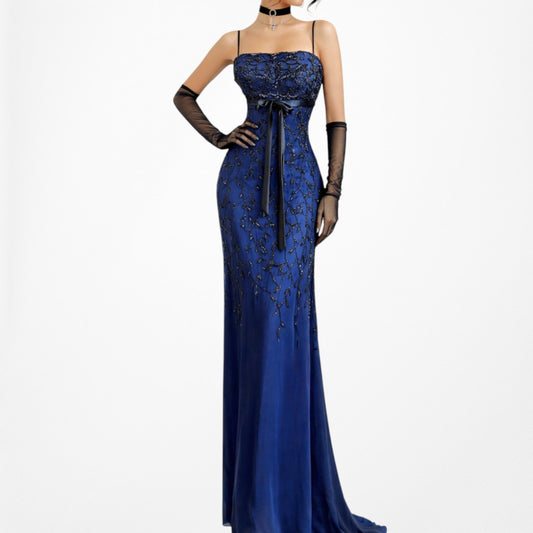 Vintage Navy Blue Floral Beaded Knit Babydoll Maxi Bodycon Prom Dress Size S