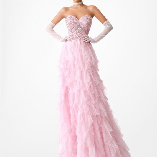 Vintage Pastel Pink Strapless Beaded Ruffle Fit Flared Formal Cocktail Prom Dress Size S/M