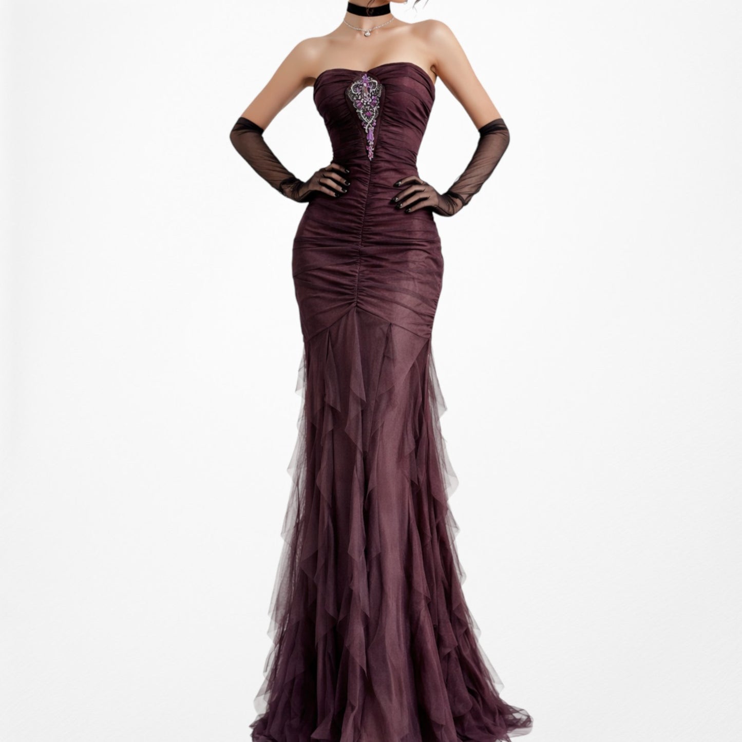 Vintage Brown Strapless Pleated Fit Flared Beaded Maxi Prom Dress Size XS/S