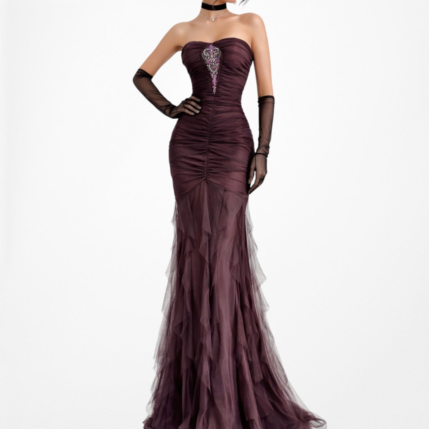 Vintage Brown Strapless Pleated Fit Flared Beaded Maxi Prom Dress Size XS/S
