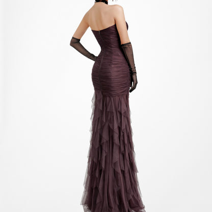 Vintage Brown Strapless Pleated Fit Flared Beaded Maxi Prom Dress Size XS/S