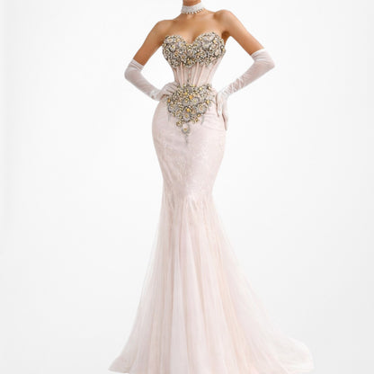 Vintage Pastel Pink Strapless Rhinestone Beaded Maxi Prom Dress Size XS