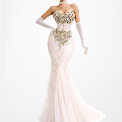 Vintage Pastel Pink Strapless Rhinestone Beaded Maxi Prom Dress Size XS