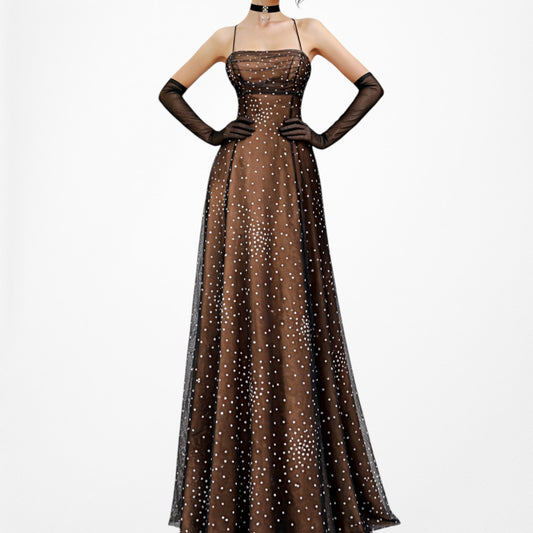 Vintage Brown Mesh Polka Dot Satin Fit Flared Babydoll Maxi Prom Dress Size XS/S