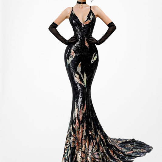 Vintage Black Sequin Floral Print Bodycon Fishtail Formal Prom Dress Size S