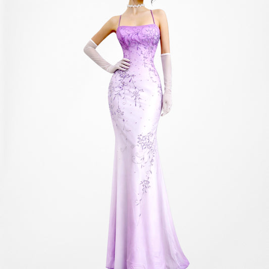 Vintage Y2K Purple White Ombre Floral Beaded Fit Flared Maxi Prom Dress Size S