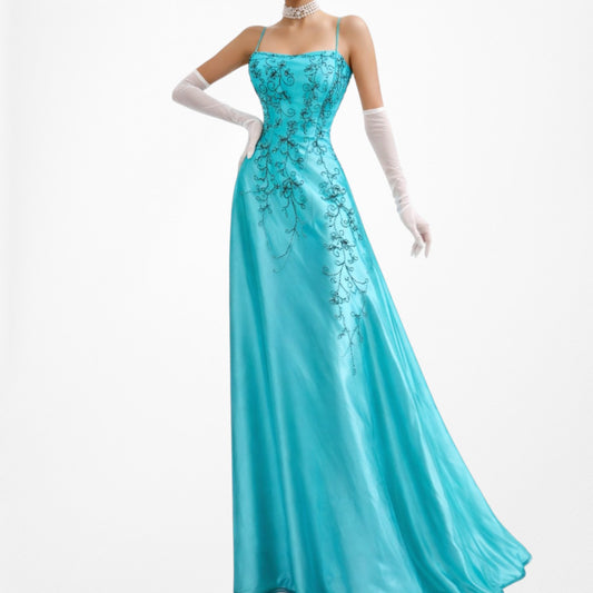 Vintage Blue Floral Beaded Fit Flared Maxi Satin Formal Cocktail Prom Dress Size S