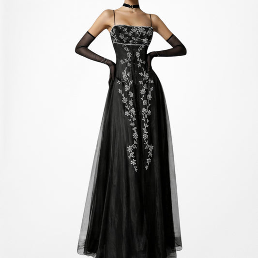 Vintage Black White Floral Beaded Mesh Fit Flared Babydoll Maxi Prom Dress Size M