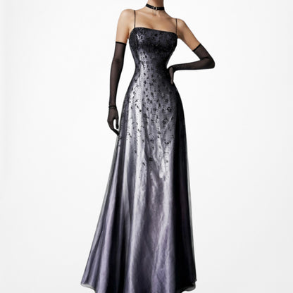 Vintage Y2K Black Purple Beaded Satin Ombre Mesh Fit Flared Maxi Prom Dress S/M
