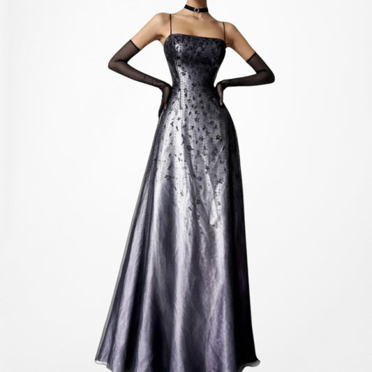 Vintage Y2K Black Purple Beaded Satin Ombre Mesh Fit Flared Maxi Prom Dress S/M