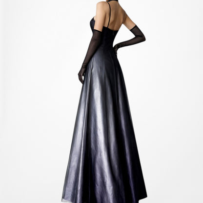 Vintage Y2K Black Purple Beaded Satin Ombre Mesh Fit Flared Maxi Prom Dress S/M