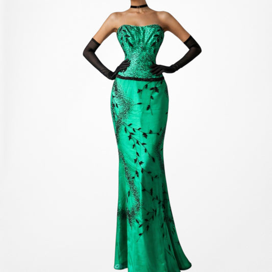 Vintage Green Two Piece Floral Beaded Silk Strapless Maxi Prom Dress Size S