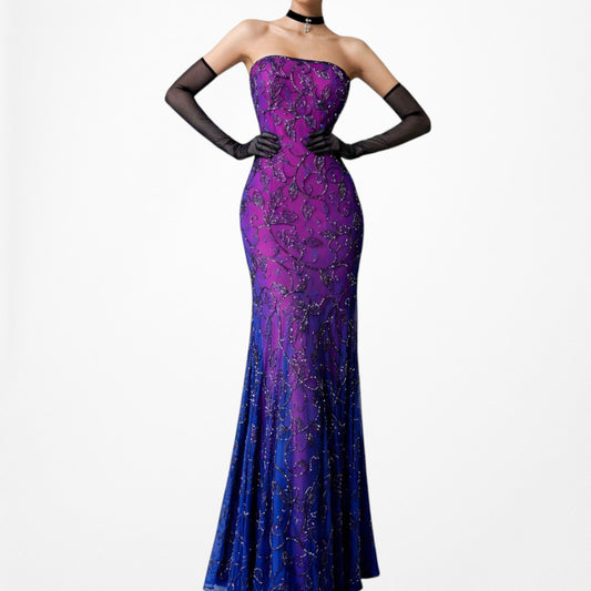 Vintage Purple Blue Strapless Floral Beaded Mesh Maxi Bodycon Formal Prom Dress Size L