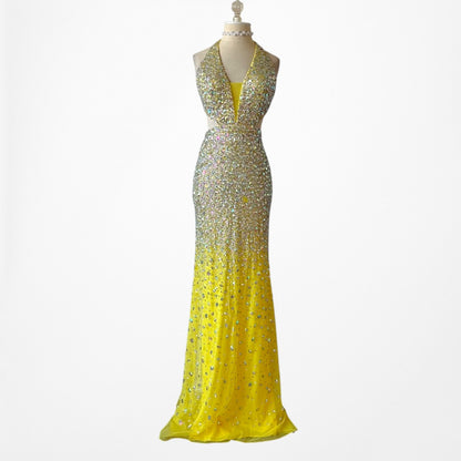 Vintage Yellow Rhinestone Beaded Cutout Maxi Prom Dress Size XS/S
