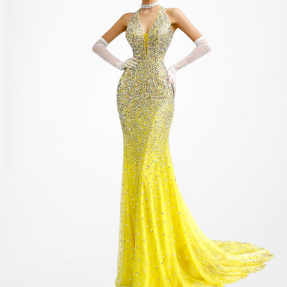 Vintage Yellow Rhinestone Beaded Cutout Maxi Prom Dress Size XS/S