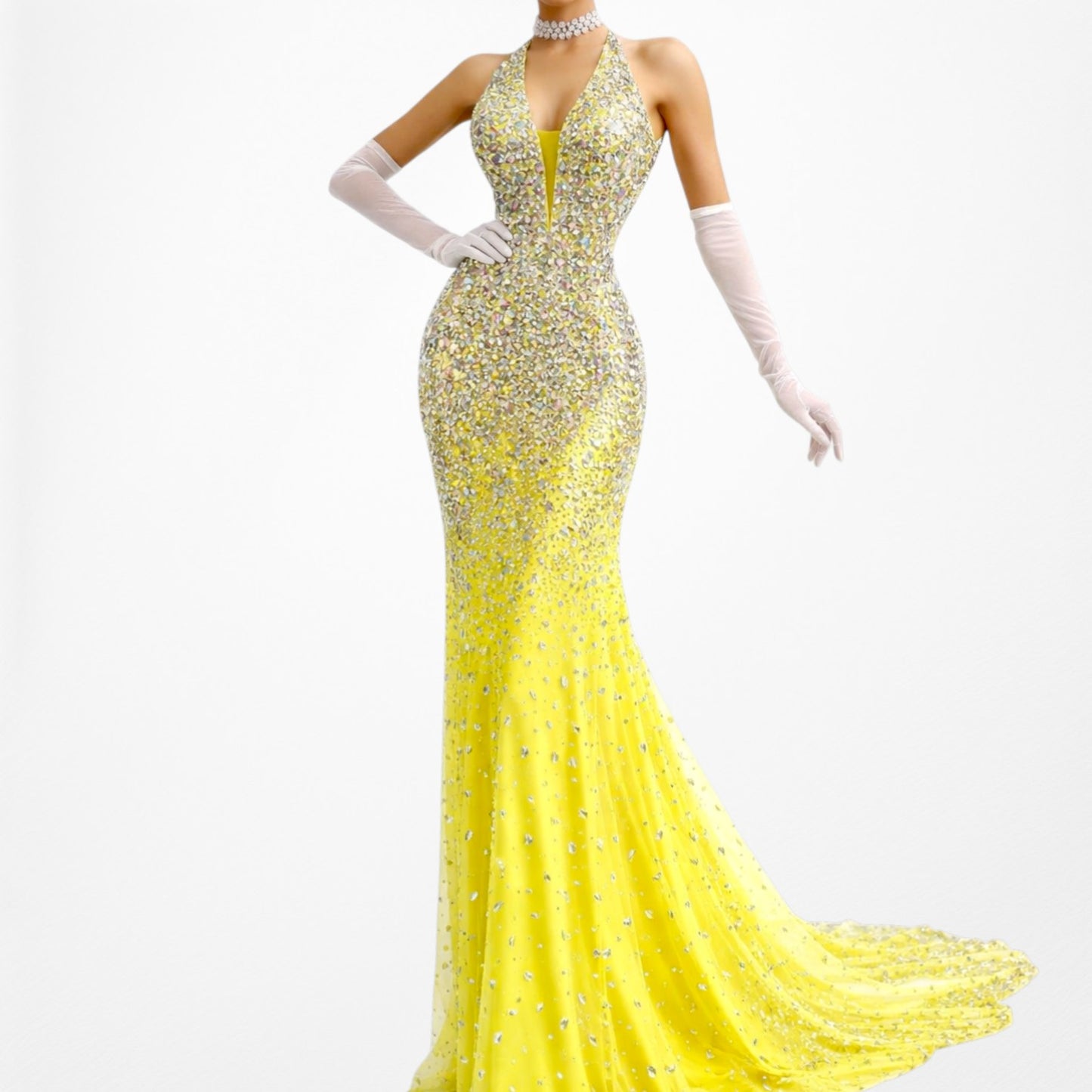 Vintage Yellow Rhinestone Beaded Cutout Maxi Prom Dress Size XS/S