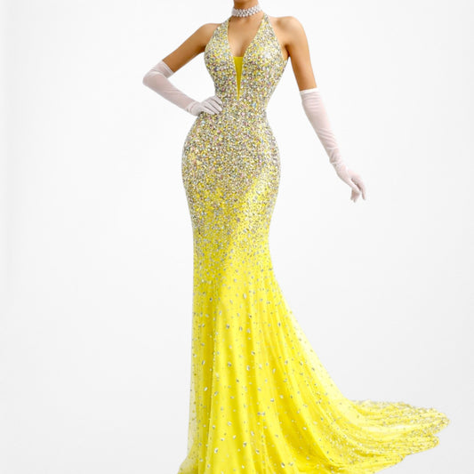 Vintage Yellow Rhinestone Beaded Cutout Maxi Prom Dress Size XS/S