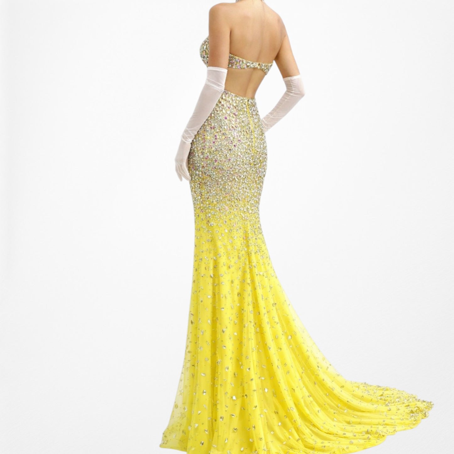 Vintage Yellow Rhinestone Beaded Cutout Maxi Prom Dress Size XS/S