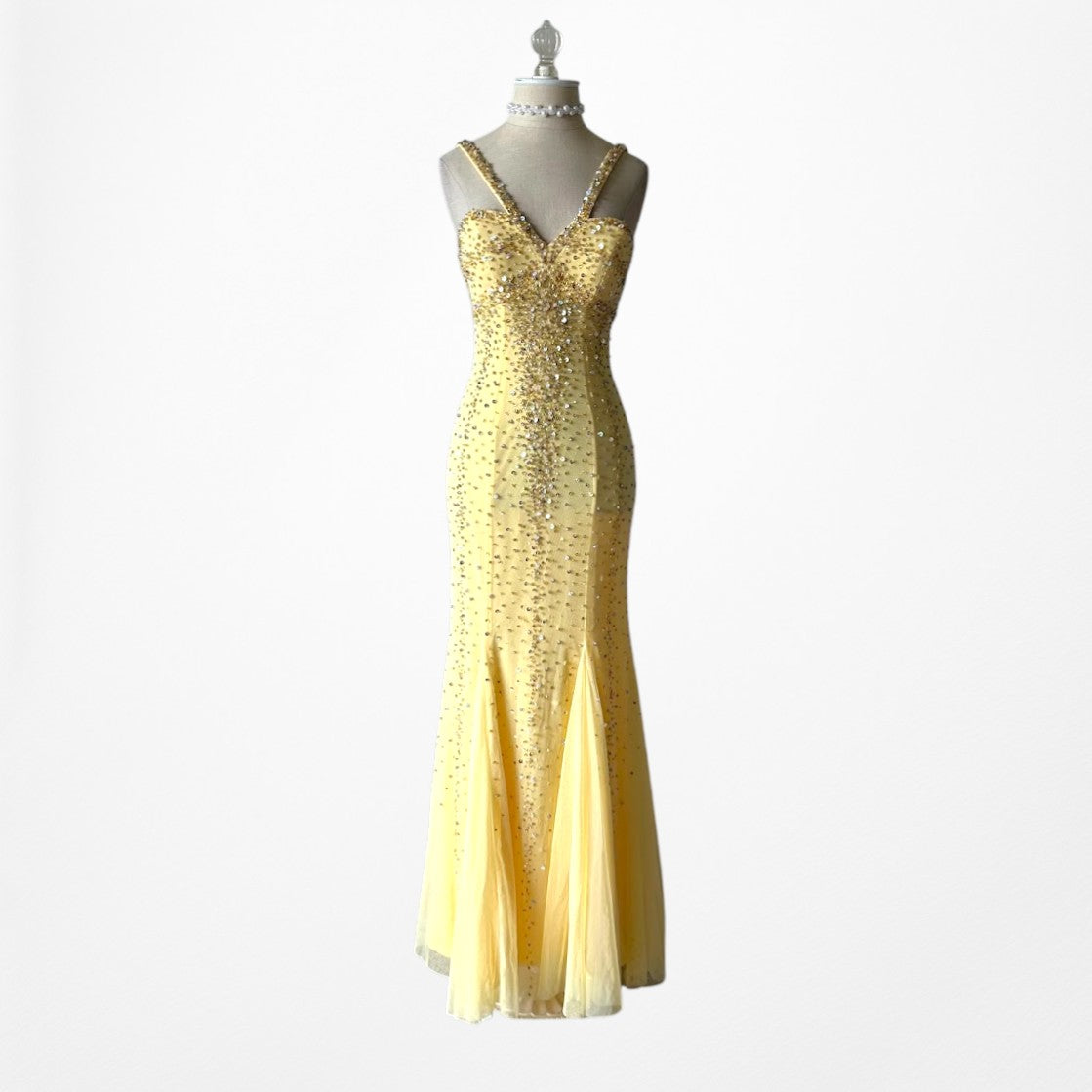 Vintage Yellow Beaded Mesh Bodycon Maxi Prom Dress Size XS/S