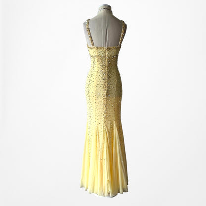 Vintage Yellow Beaded Mesh Bodycon Maxi Prom Dress Size XS/S