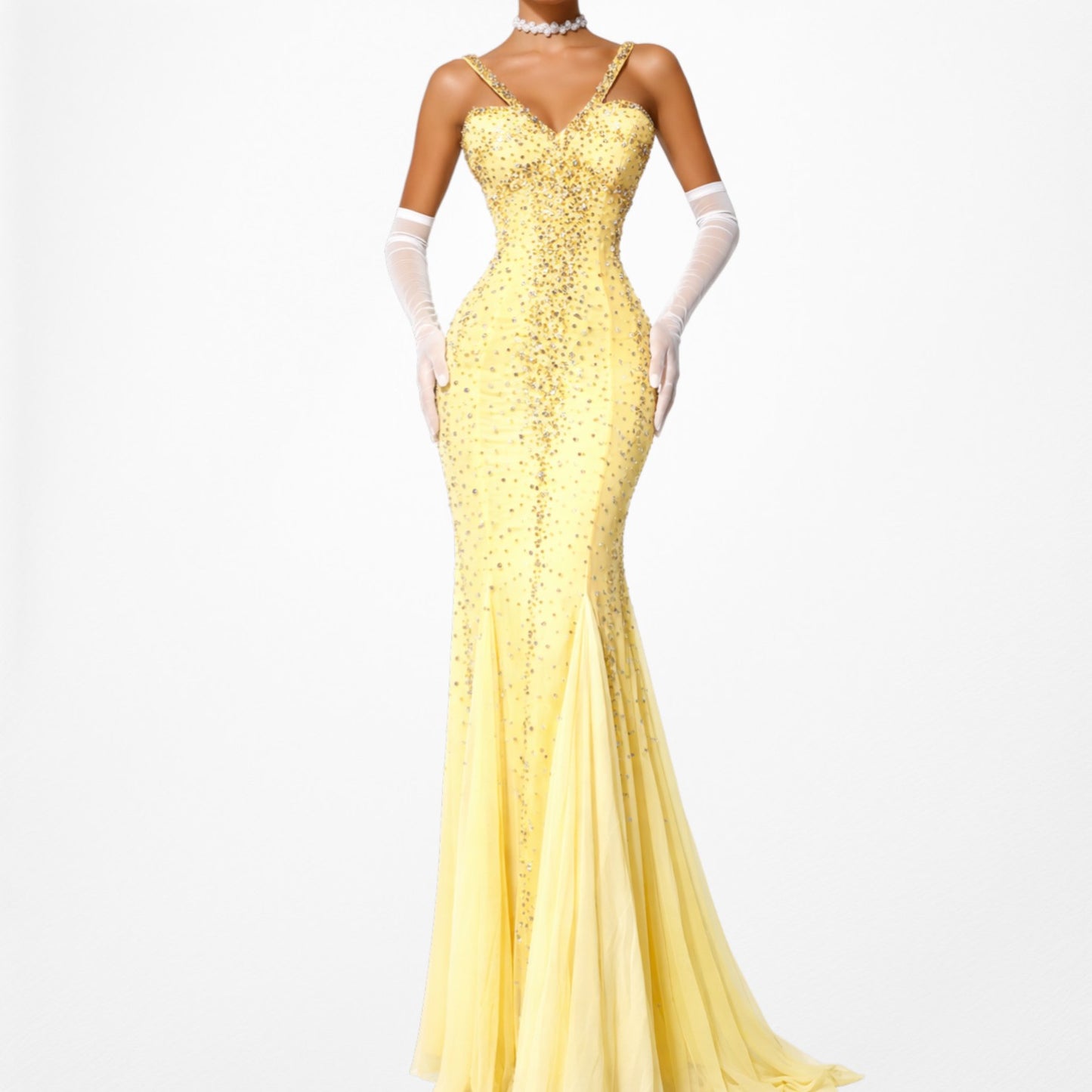 Vintage Yellow Beaded Mesh Bodycon Maxi Prom Dress Size XS/S