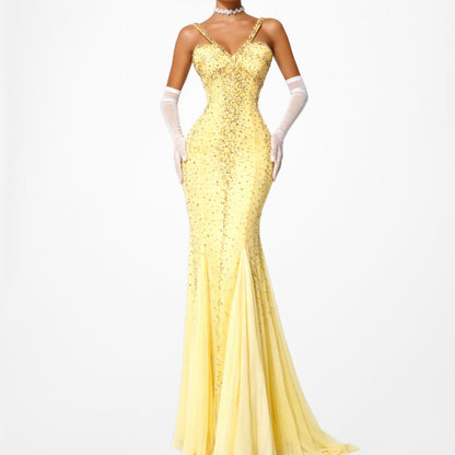 Vintage Yellow Beaded Mesh Bodycon Maxi Prom Dress Size XS/S