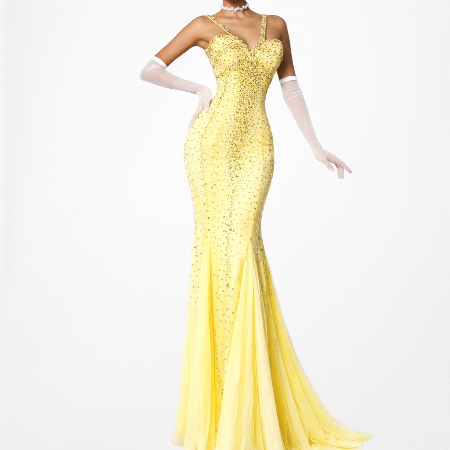Vintage Yellow Beaded Mesh Bodycon Maxi Prom Dress Size XS/S