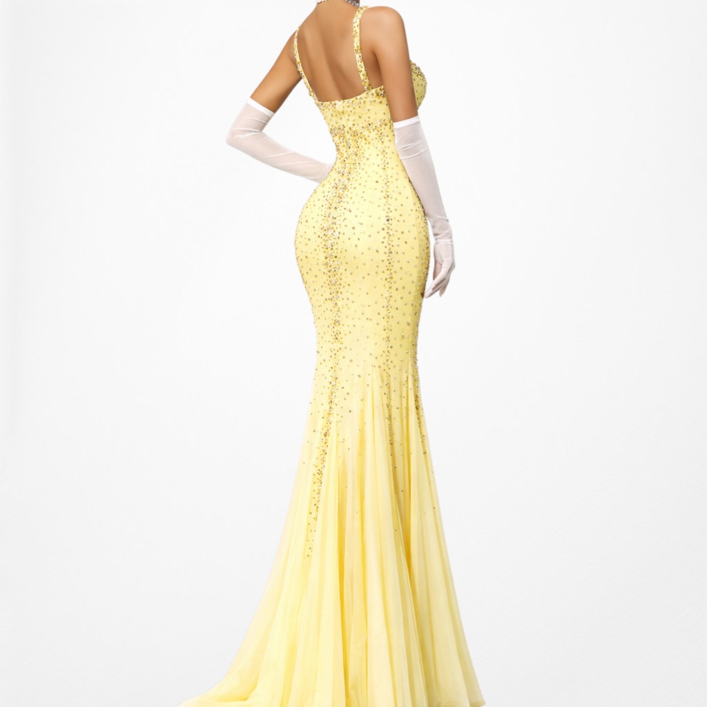 Vintage Yellow Beaded Mesh Bodycon Maxi Prom Dress Size XS/S
