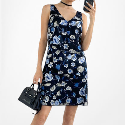 Vintage Blue Black V-Neck Floral Tunic Tank Knee Length Flared Summer Dress Size M