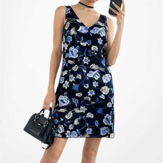 Vintage Blue Black V-Neck Floral Tunic Tank Knee Length Flared Summer Dress Size M