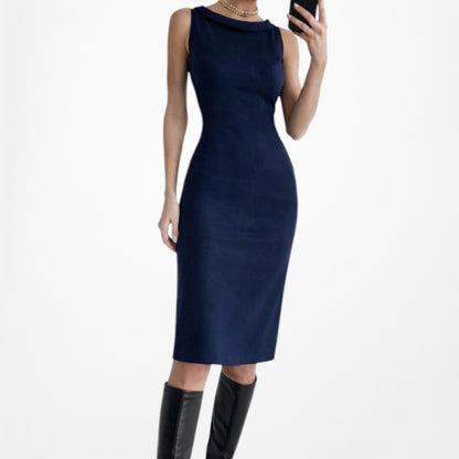 Vintage Y2K Navy Blue Sleeveless Knit Knee Length Bodycon Cocktail Dress Size M