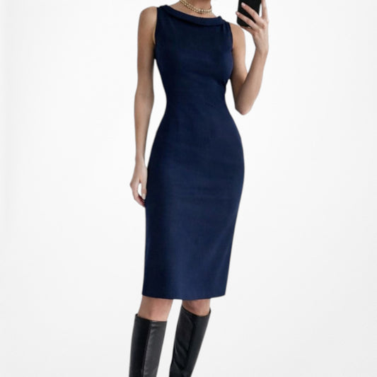 Vintage Y2K Navy Blue Sleeveless Knit Knee Length Bodycon Cocktail Dress Size M