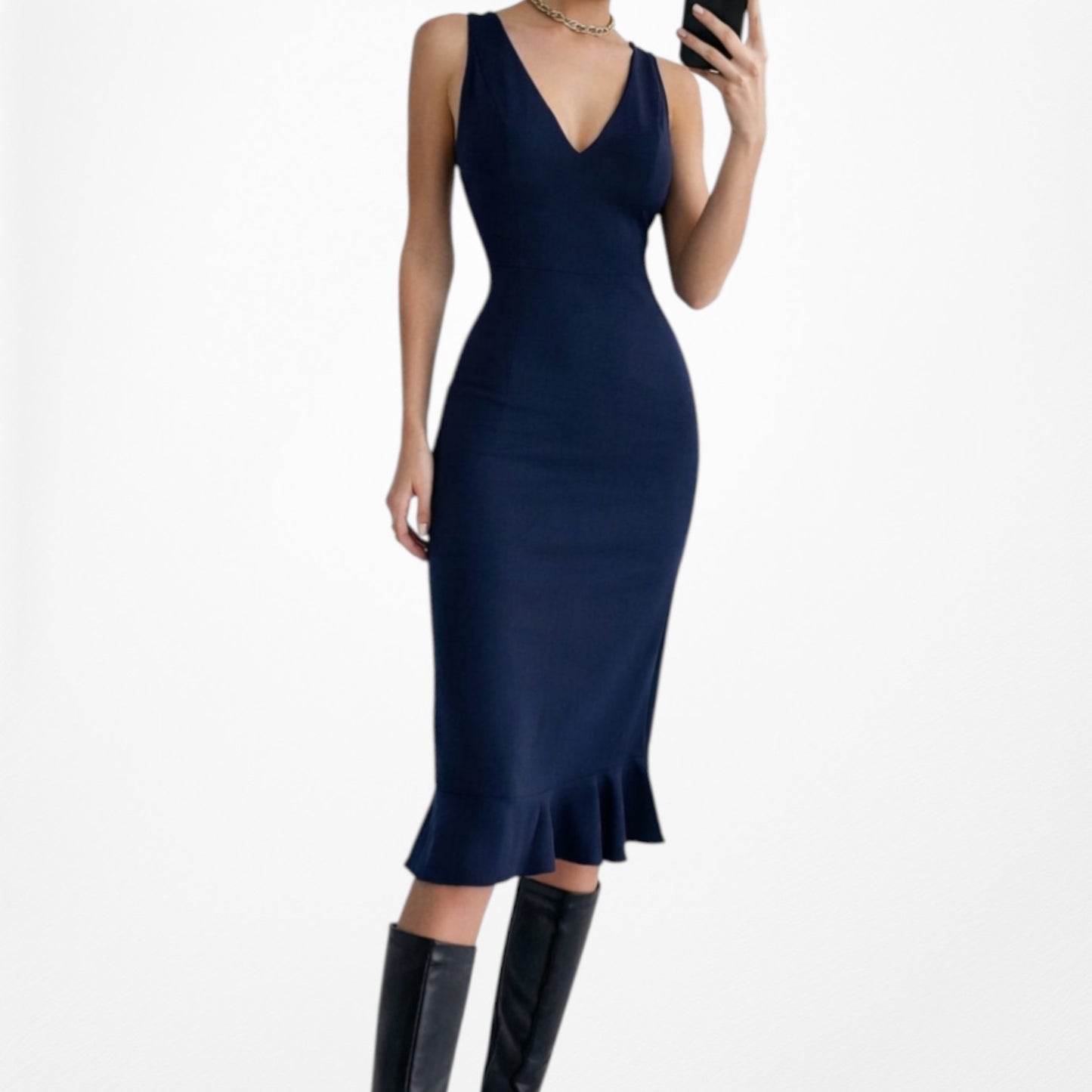 Vintage Y2K Navy Blue Sleeveless V-Neck Knee Length Bodycon Ruffle Dress Size M