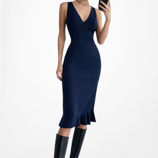 Vintage Y2K Navy Blue Sleeveless V-Neck Knee Length Bodycon Ruffle Dress Size M