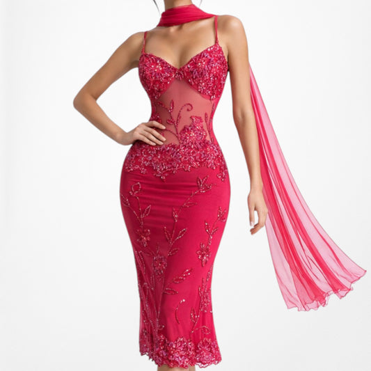 Vintage Y2K Pink Mesh Knit Floral Beaded Semi Sheer Knee Length Dress Size S/M