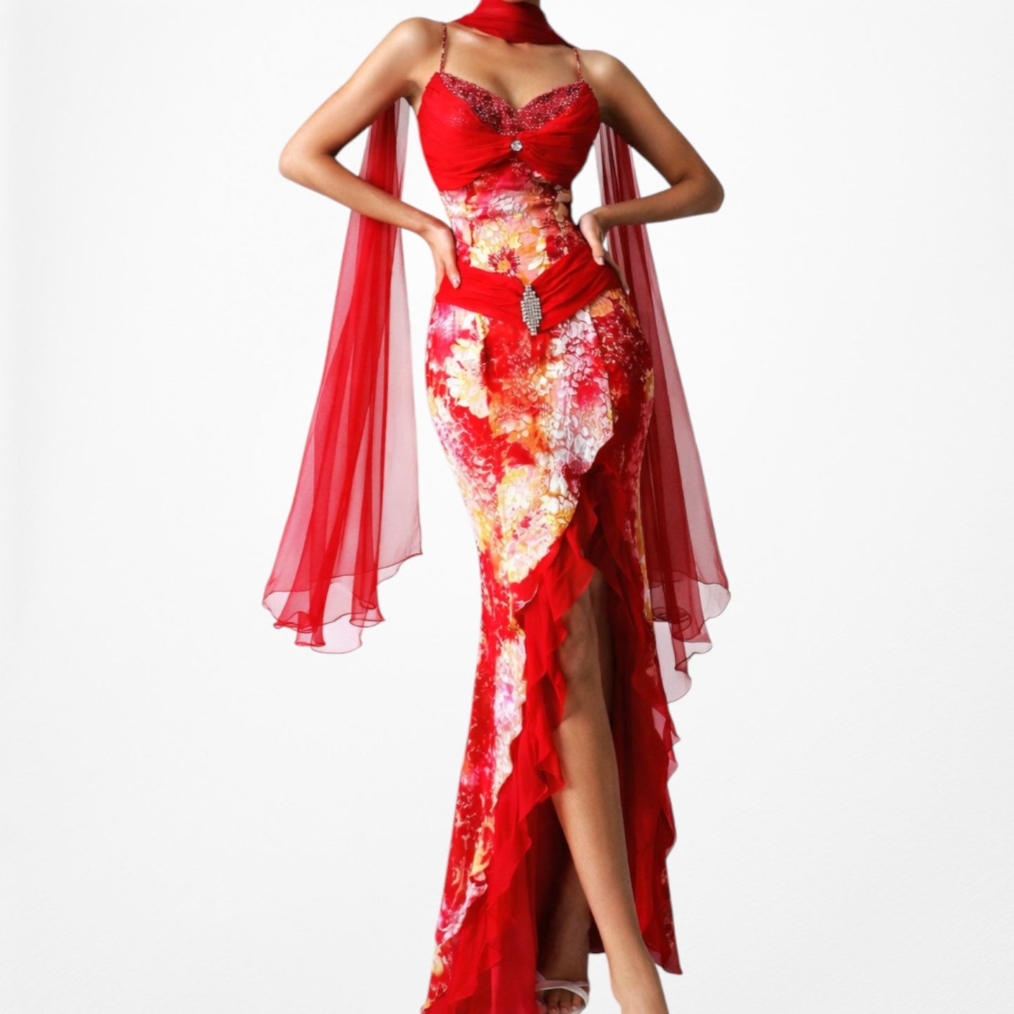 Vintage Red White Geometric Print Silk Ruffle High Low Maxi Prom Dress Size S