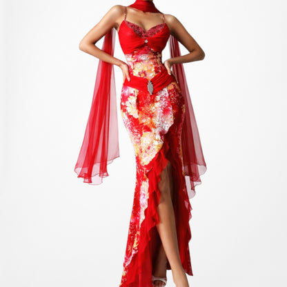 Vintage Red White Geometric Print Silk Ruffle High Low Maxi Prom Dress Size S