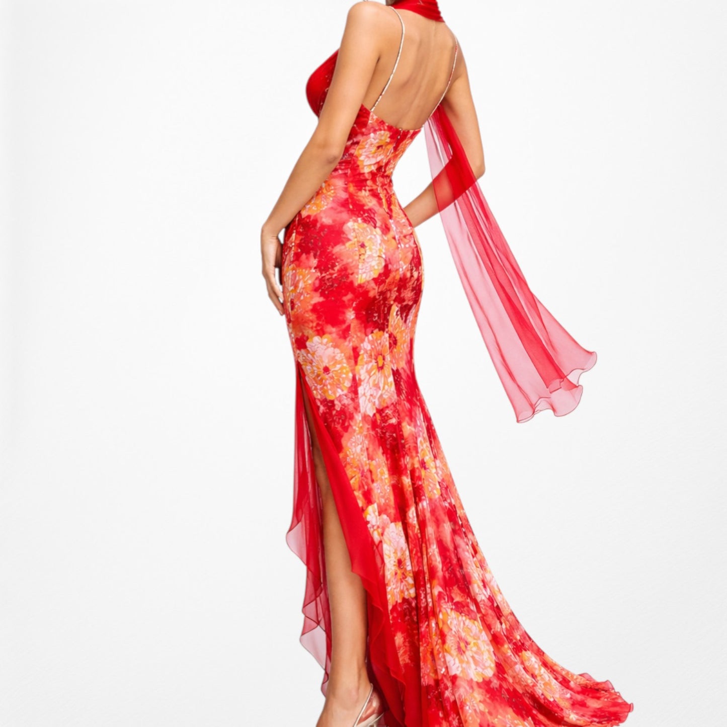 Vintage Red White Geometric Print Silk Ruffle High Low Maxi Prom Dress Size S
