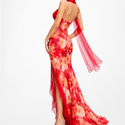 Vintage Red White Geometric Print Silk Ruffle High Low Maxi Prom Dress Size S